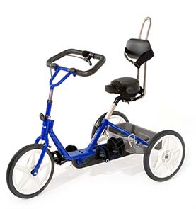 Bright blue tricycle with black padding and handlebar