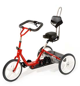 Fire Engine Red tricycle with black padding and handlebar